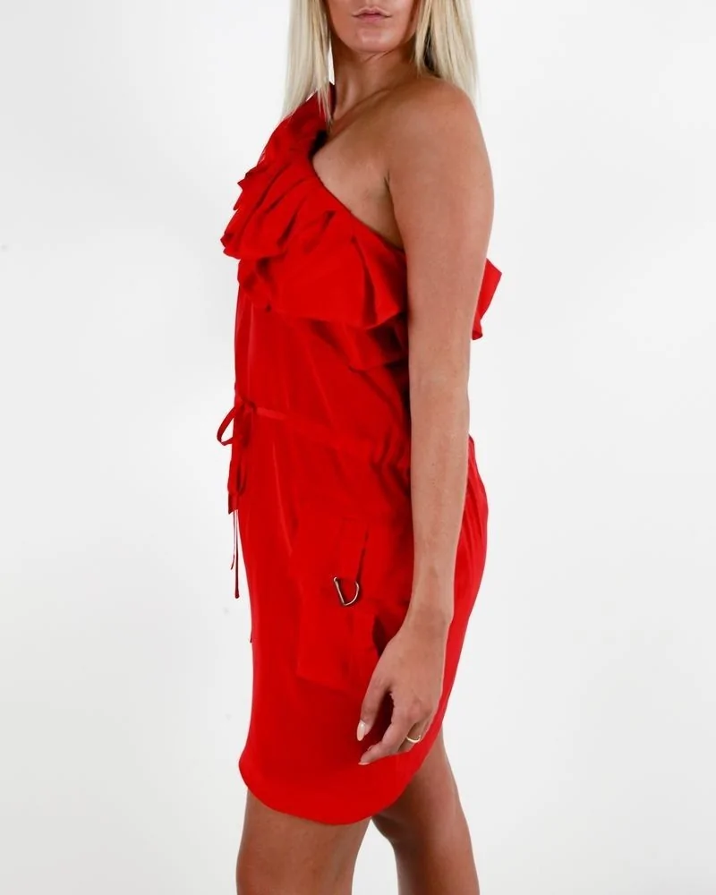 Robe en soie rouge asymétrique à volant Les Hommes 