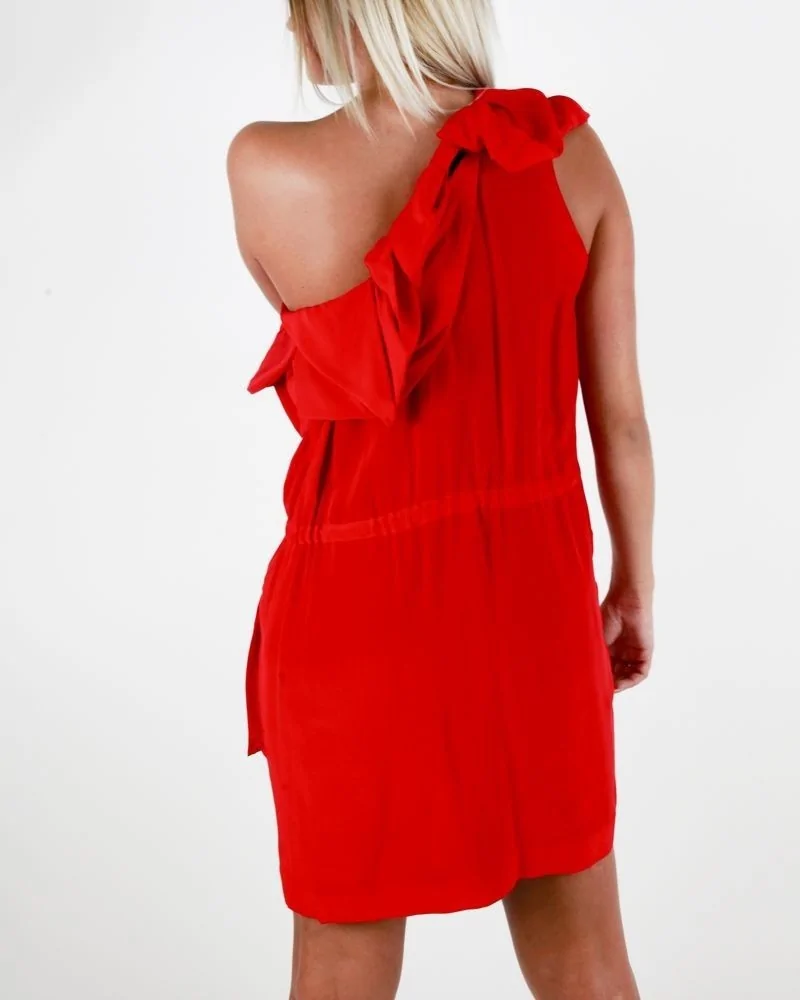 Robe en soie rouge asymétrique à volant Les Hommes 