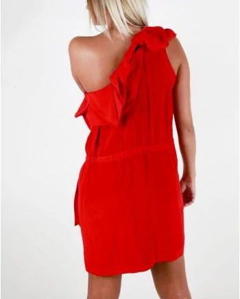 Robe en soie rouge asymétrique à volant Les Hommes 