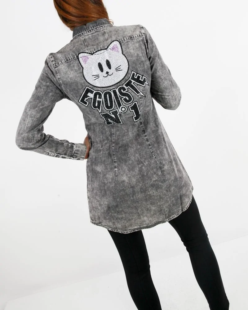 Chemisier gris à broderie chat Swarovski Philipp Plein 