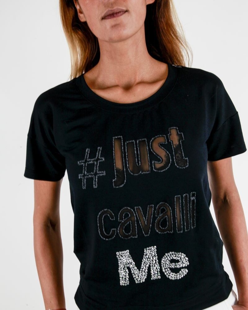 T-shirt noir à logo ajouré et perlé Just Cavalli 