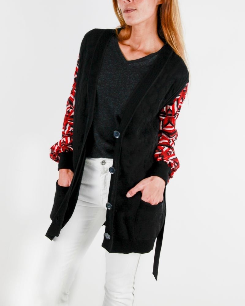 Cardigan bi-matière noir à manches mousseline rouge Just Cavalli 