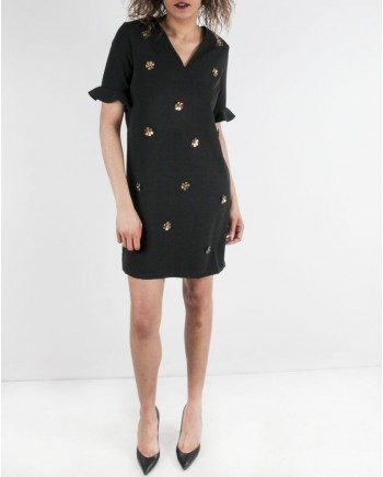 Robe en crêpe noir à broderies fleurs SVNTY 