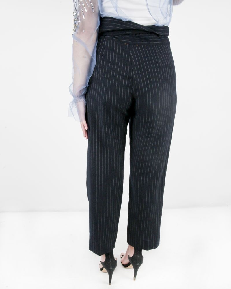 Pantalon taille haute en laine bleu rayé Forte Forte 