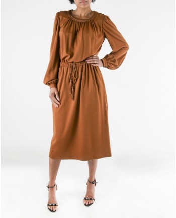 Robe smocké en laine vierge camel Alberta Ferretti 