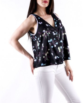 Top en satin noir fleuri Isabelle Blanche 