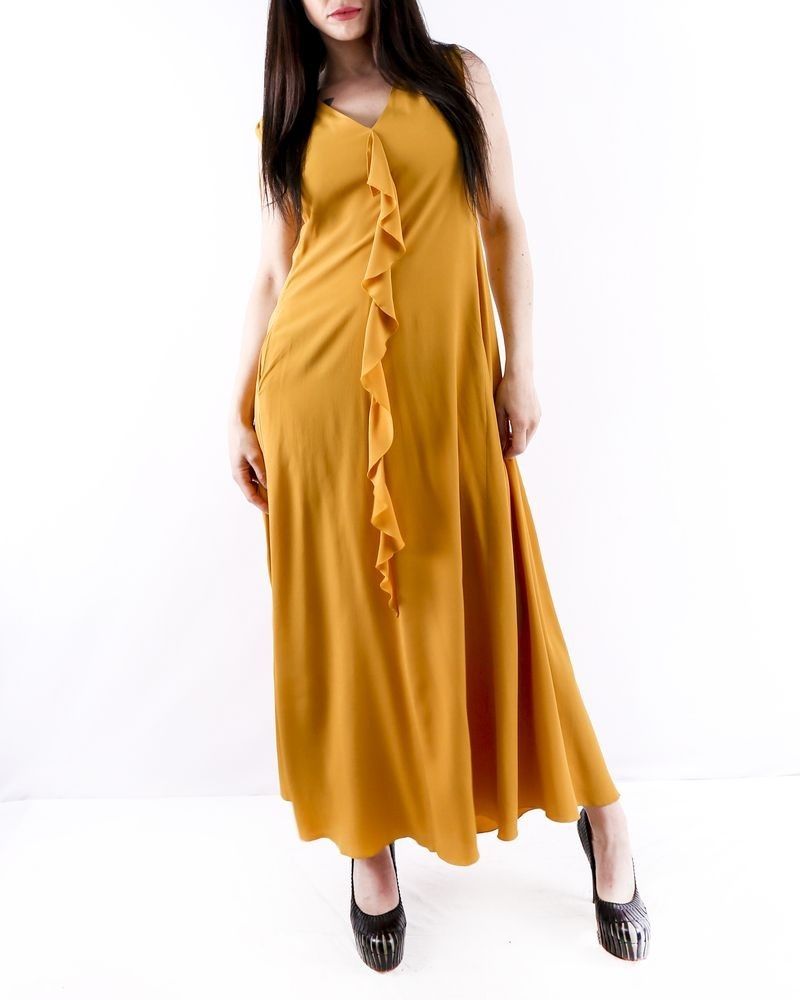 Robe longue en soie jaune moutarde à épaule smockée Les Copains 