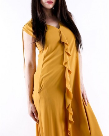 Robe longue en soie jaune moutarde à épaule smockée Les Copains 