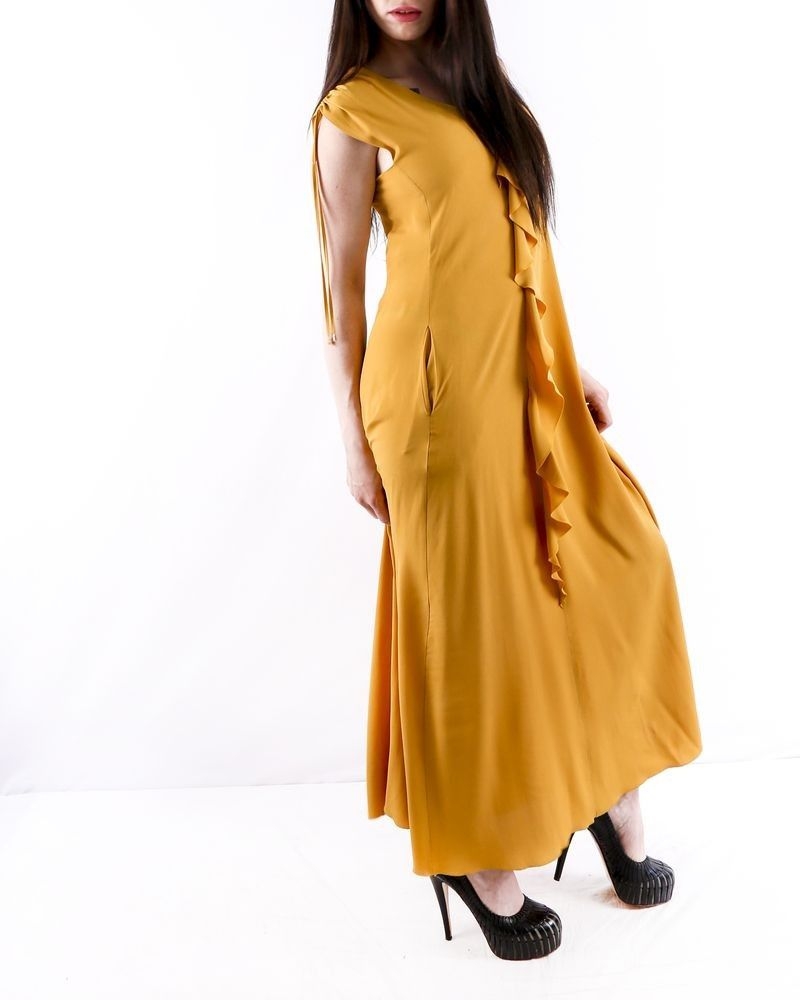 Robe longue en soie jaune moutarde à épaule smockée Les Copains 