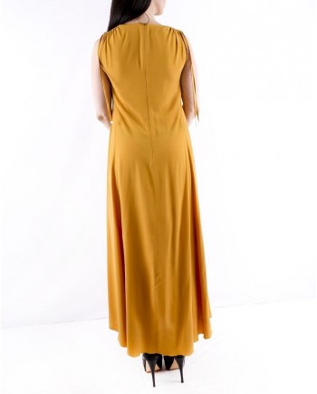 Robe longue en soie jaune moutarde à épaule smockée Les Copains 