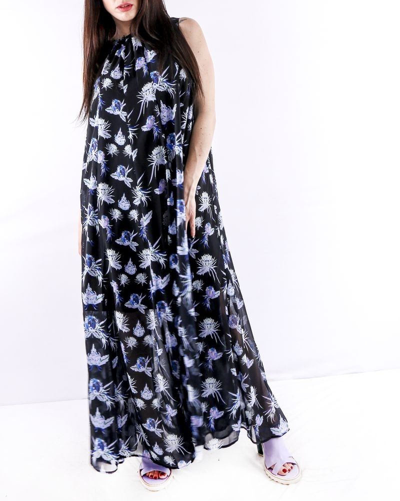 Robe longue noire à motifs fleurs du paradis Isabelle Blanche 