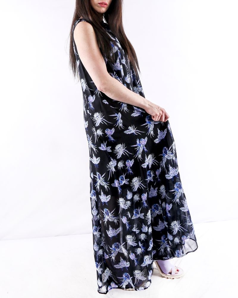 Robe longue noire à motifs fleurs du paradis Isabelle Blanche 