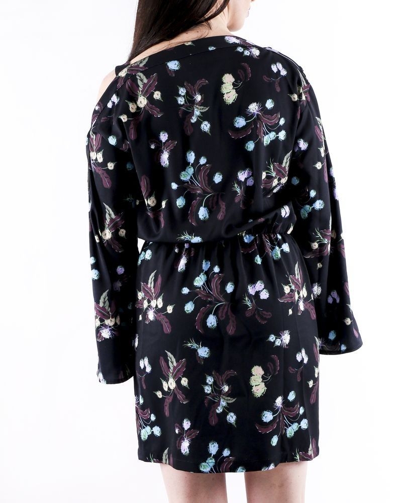 Robe asymétrique en crêpe noir à motifs fleurs du paradis Isabelle Blanche 