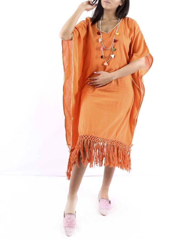 Caftan orange à galon macramé Paradis Blanc 