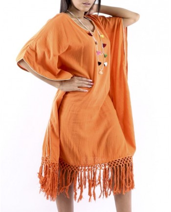 Caftan orange à galon macramé Paradis Blanc 