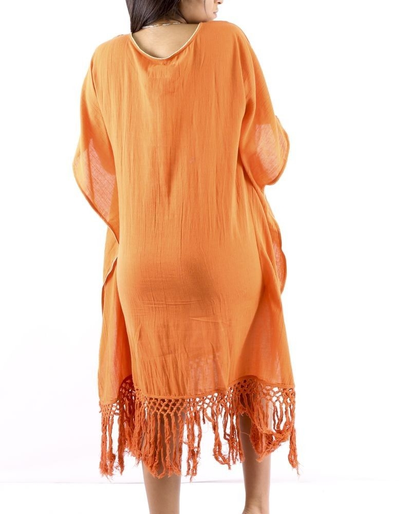 Caftan orange à galon macramé Paradis Blanc 