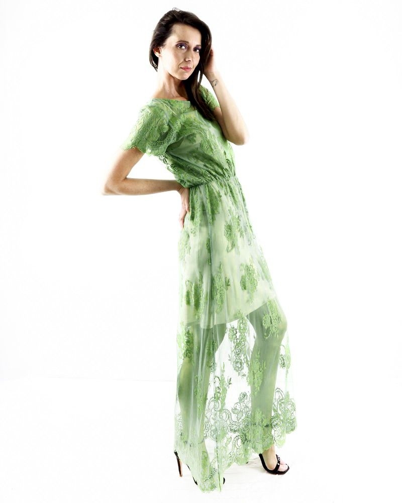 Robe smockée longue en dentelle vert Isabelle Blanche 