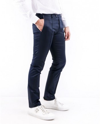 Pantalon slim fit en coton bleu marine à poches passepoilées Ly Adams 