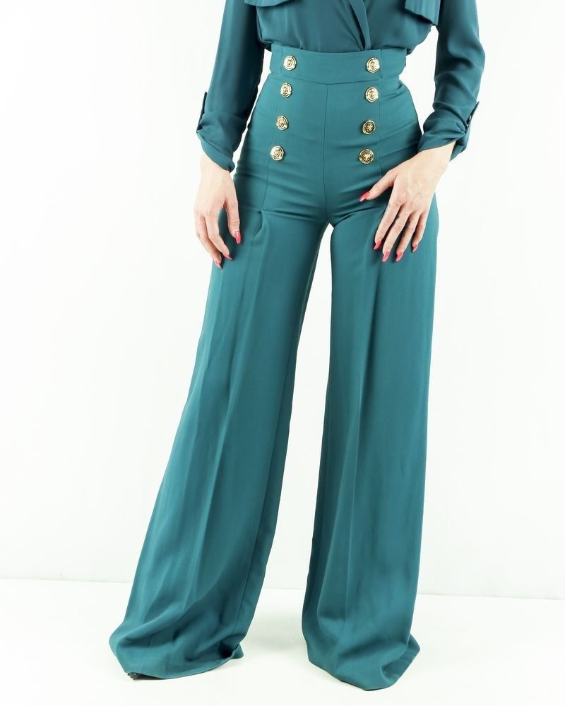 Pantalon palazzo en crêpe vert à boutons fantaisie Elisabetta Franchi 