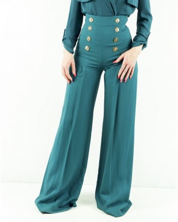 Pantalon palazzo en crêpe vert à boutons fantaisie Elisabetta Franchi 