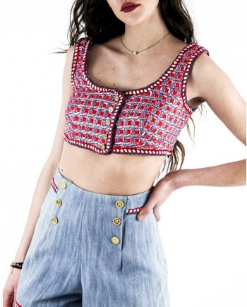 Crop top en tweed bleu et rouge Edward Achour 