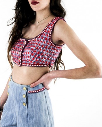 Crop top en tweed bleu et rouge Edward Achour 