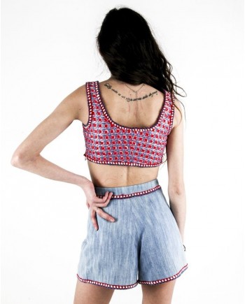 Crop top en tweed bleu et rouge Edward Achour 