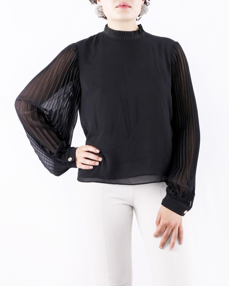 Blouse en mousseline noire à manches plissée Edward Achour 