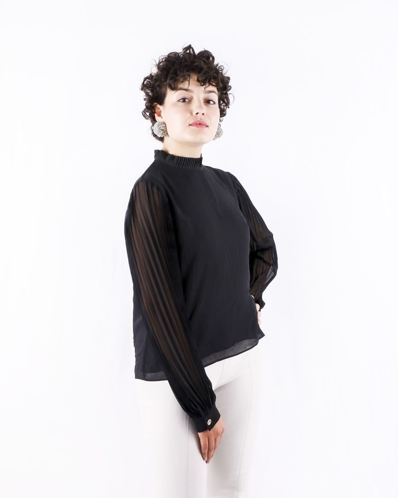 Blouse en mousseline noire à manches plissée Edward Achour 