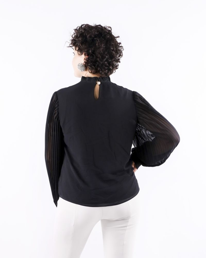 Blouse en mousseline noire à manches plissée Edward Achour 