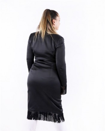 Robe croisée en crêpe noir à franges Misha 