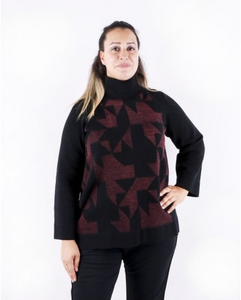 Pull en mérinos noir à motifs géométriques rose She's so 