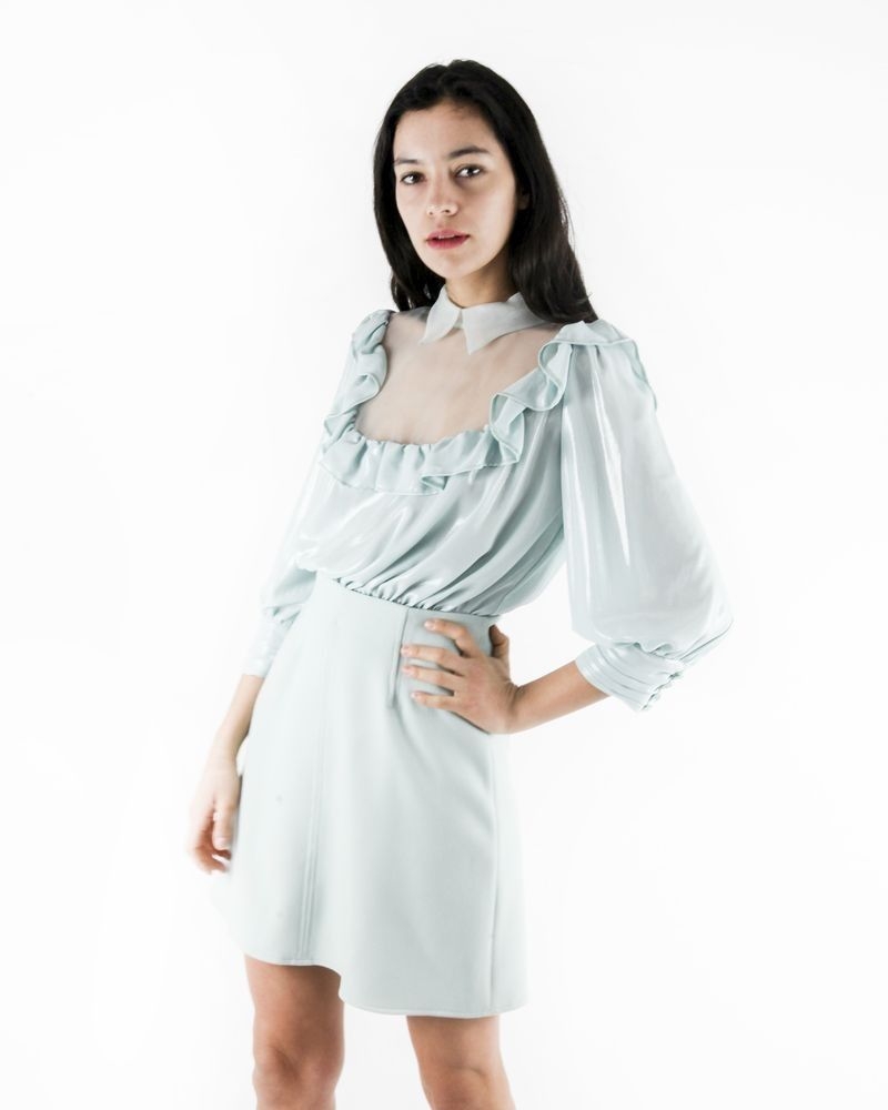 Robe courte amovible en mousseline lamé bleu Elisabetta Franchi 