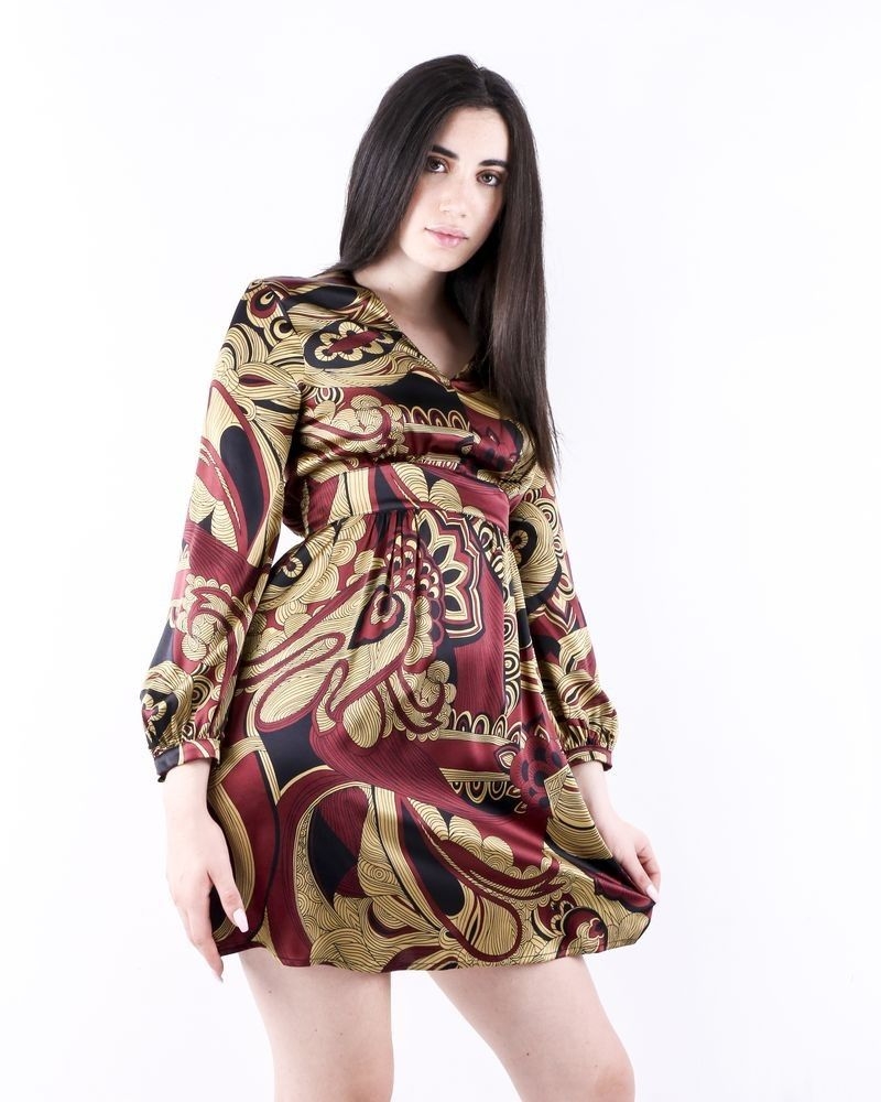 Robe empire en soie bordeaux à imprimé floral Momoni 