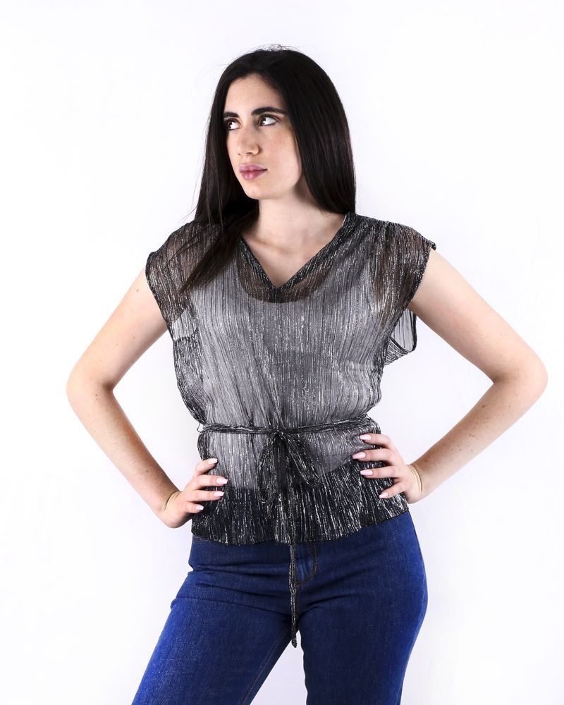 Top en lurex lamé argent plissé Pomandère 