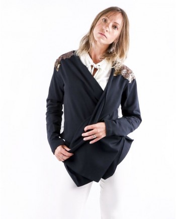 Cardigan bi-matière noir à broderies Jijil 