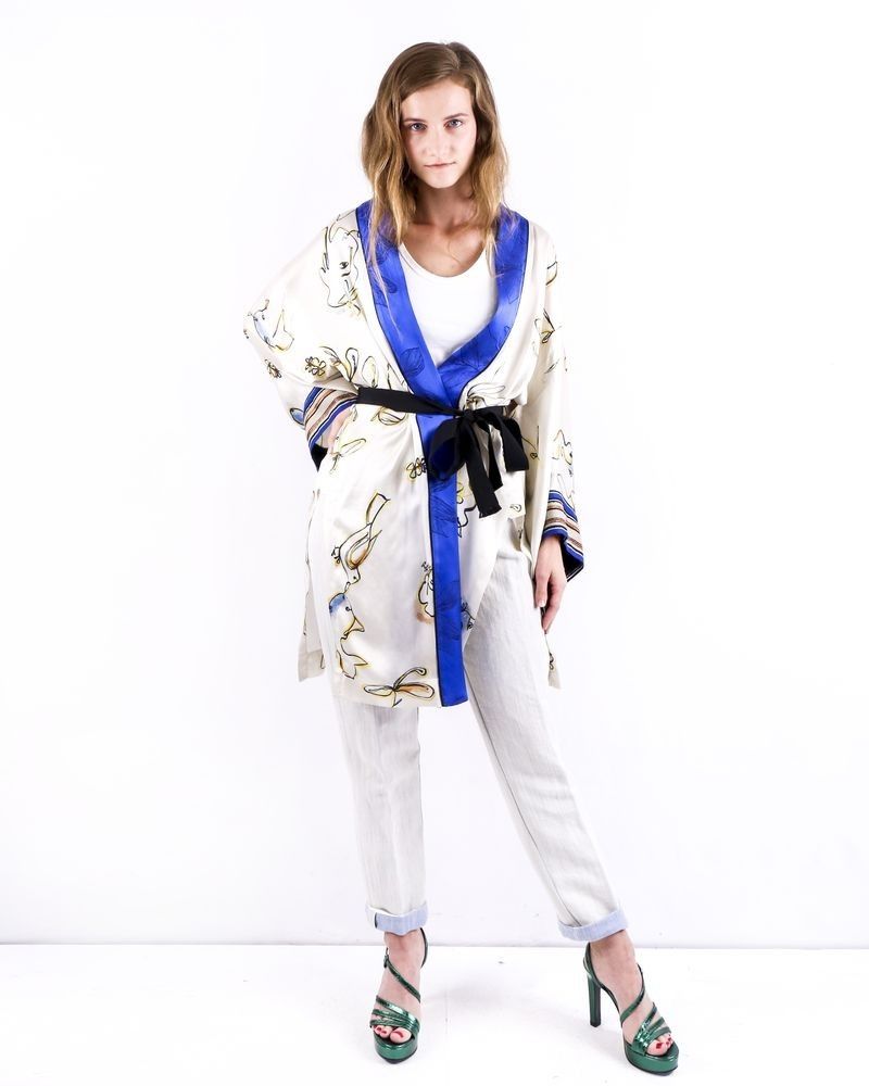 Kimono en soie beige à imprimé floral Forte Forte 