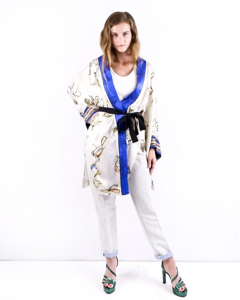 Kimono en soie beige à imprimé floral Forte Forte 