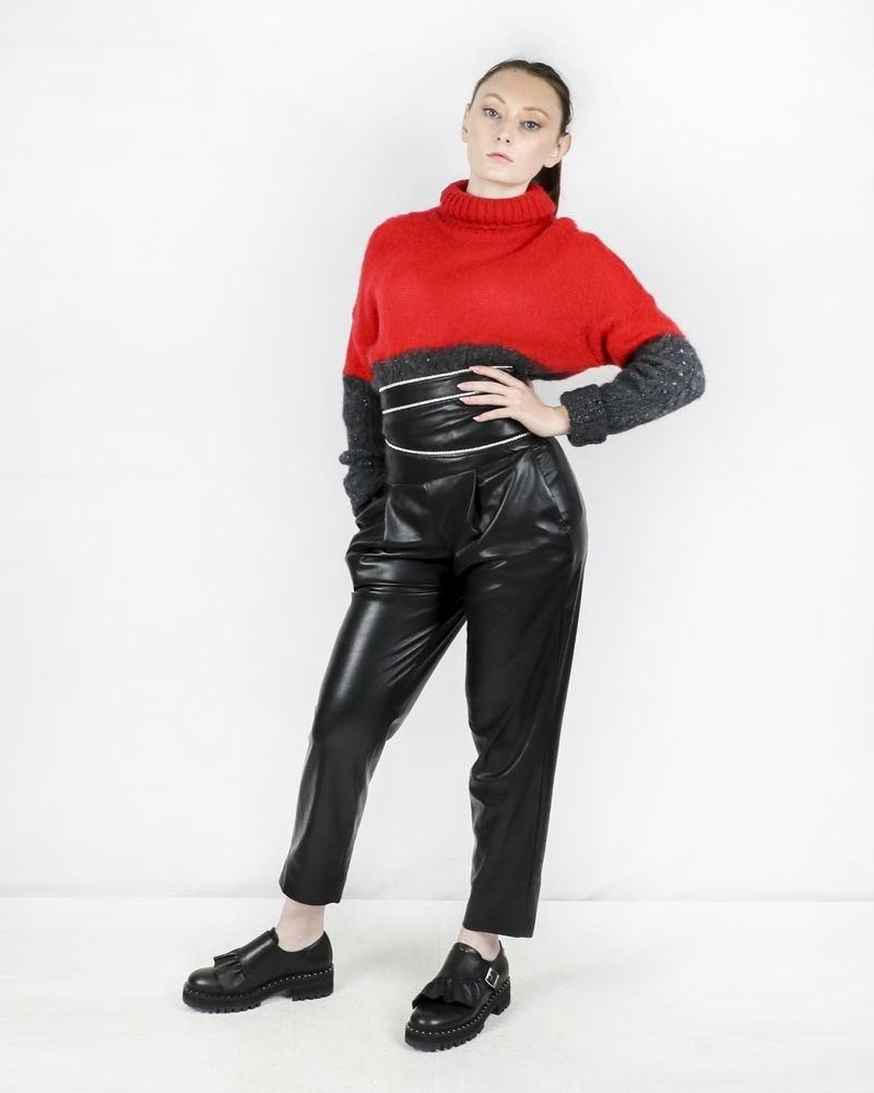 Pantalon taille haute en simili noir à galon strassé Space Simona Corsellini 