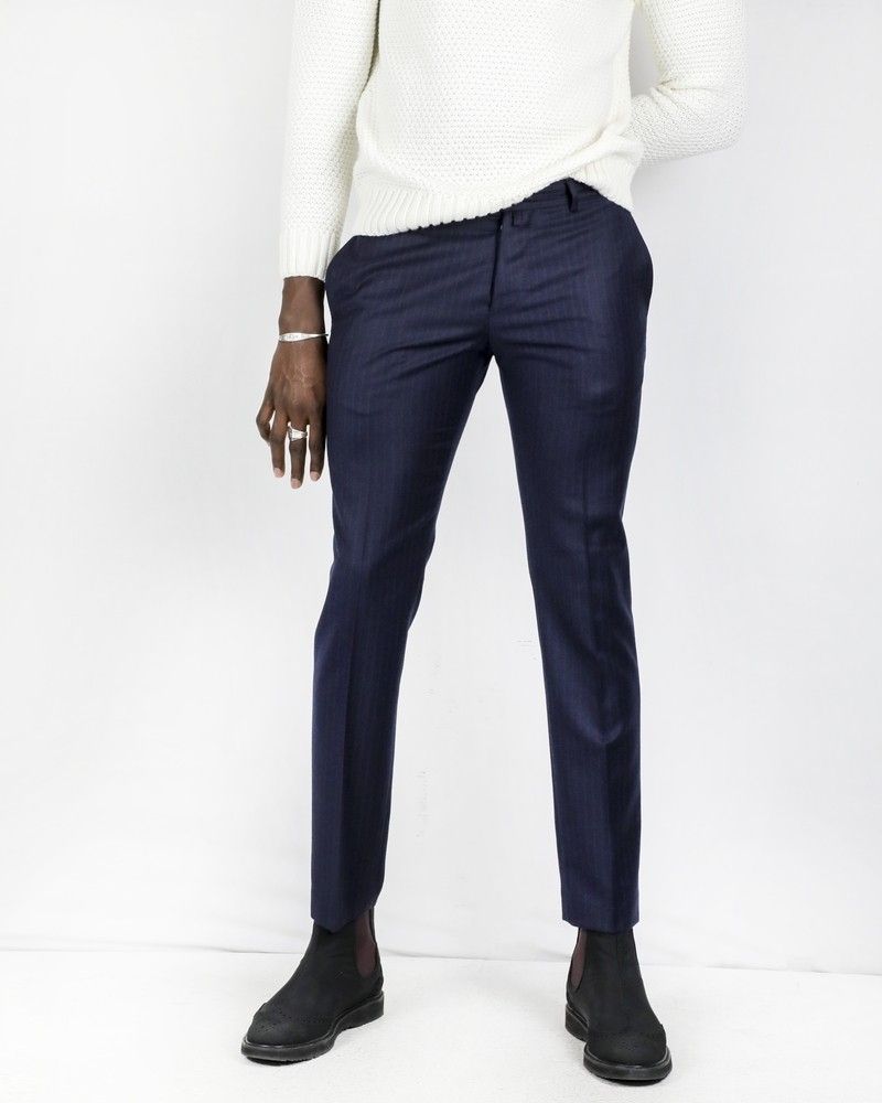 Pantalon tailleur en laine bleue rayé Ly Adams 