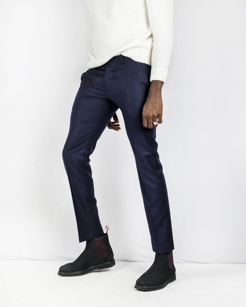 Pantalon tailleur en laine bleue rayé Ly Adams 