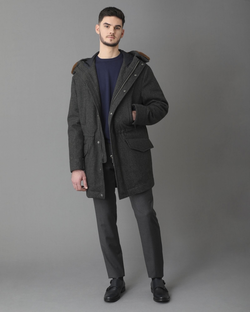 Manteau en laine grise fourré à capuche Pal Zileri 