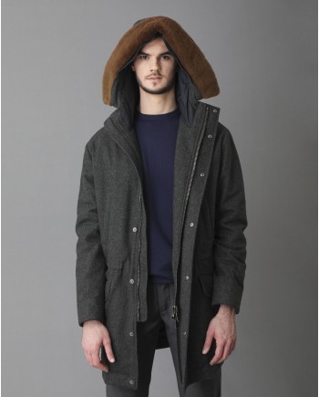 Manteau en laine grise fourré à capuche Pal Zileri 