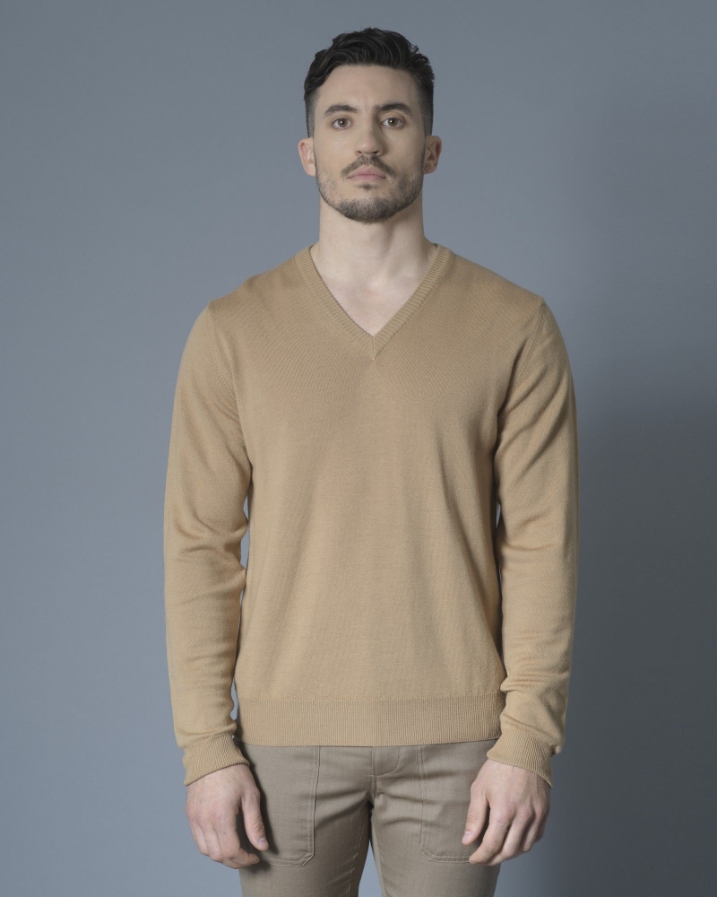 Pull en laine mérinos beige col V Casheart 