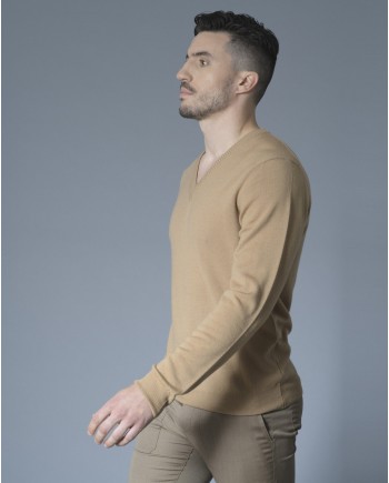 Pull en laine mérinos beige col V Casheart 