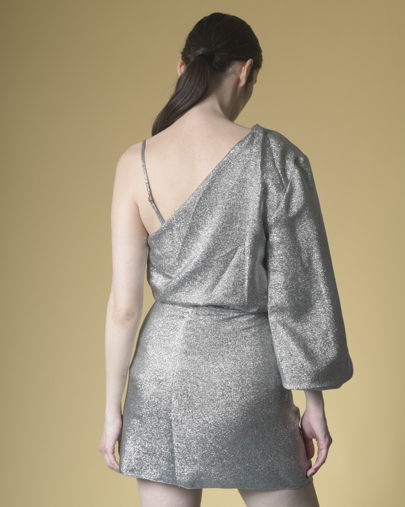 Robe asymétrique en soie métallisée à drapé Space Simona Corsellini 