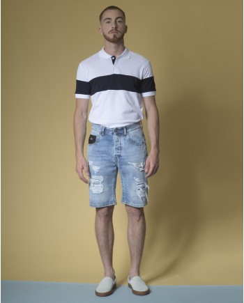 Short jean effet vieilli et empiècement en cuir John Richmond 