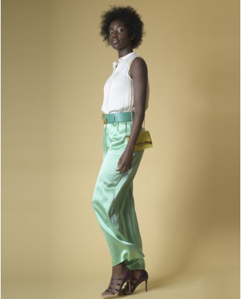 Pantalon large en satin de soie verte Vince 