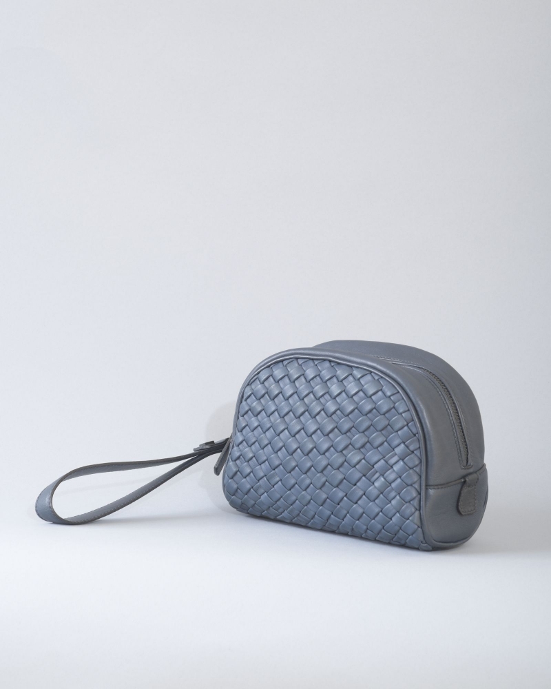 Pochette trousse en cuir tressé bleu Falorni 